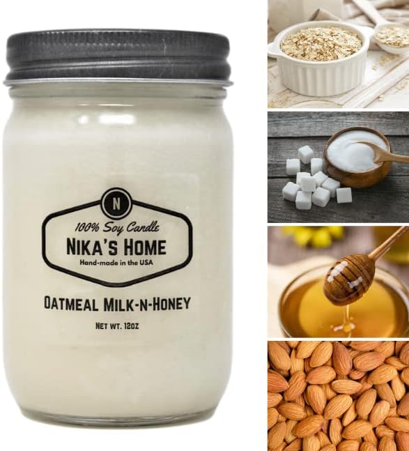Nika's Home Oatmeal Milk-N-Honey Soy Candle - 12oz Mason Jar - Non-Toxic - Hand Poured in The USA, Long Burning 50-60 Hours Highly Scented All Natural, Clean Burning