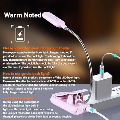 VAVOFO Rechargeable Book Light, Blue Light Blocking, Amber 1600K Clip On Reading Light, Eye Care 7 LEDs Kids Book Light for Reading in Bed with Power Indicator for Bookworms (Pink Purple)