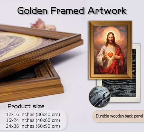 Vintage Gold Framed Jesus Wall Art Sacred Heart of Jesus Christian Canvas Prints Divine Mercy Picture Christ God Portrait Religious Beliefs Painting Poster Artwork for Living Room Bedroom Church