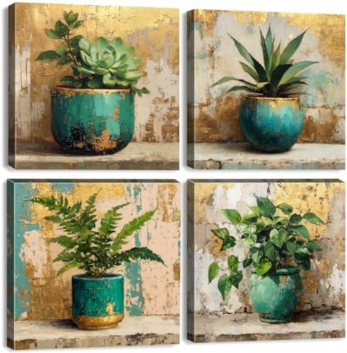 AIYISU Green Botanical Wall Art Green and Gold Bathroom Wall Decor Farmhouse Succulent Plant Pictures Vintage Rustic Tropical Canvas Prints Artwork for Living room Office Home Decorations 12x12 4Pcs