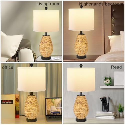 Coastal Table Lamps Set of 2, Retro Natural Seagrass Rattan Woven 24" Bedside Lamp, for Bedroom Living Room Home Nightstand Table Lamp(with USB C+A 5V 2.1A Charging Ports)