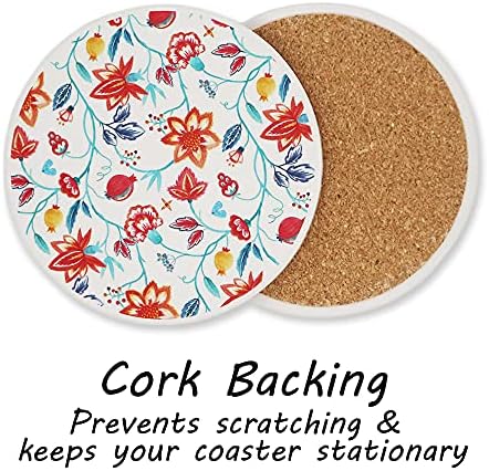 AD Set of 6 Coasters for Drinks Absorbing Round Ceramic Stone Coaster with Cork Base Tabletop Protection Mat for Mugs and Cups,Office,Kitchen (Watercolor Flowers with Rose Gold Holder)