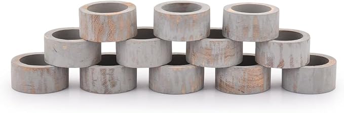 Handmade Napkin Rings Set of 12 for Dining Table Decoration Wooden Square Napkin Buckles for Home Decor Wedding Dinners Parties (White Brush)