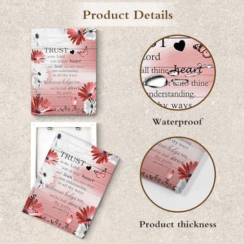LB Country Bible Verse Wall Art for Bathroom Red Floral on Retro Grey Wood Canvas Wall Art Wall Paintings Home Decor Butterfly Wall Pictures for Living Room Bedroom Office Ready To Hang, 8x10 Inch
