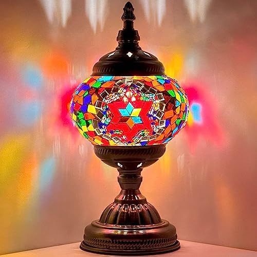SILVERFEVER Handcrafted Mosaic Turkish Lamp Moroccan Glass Table Desk Bedside Light Bronze Base with E12 Bulb (Wine Star of David)