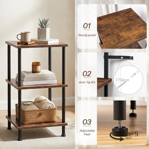 HOOBRO 3-Tier Corner Shelf Stand, Corner Square Rack Display Shelf, Tall Storage Plant Stand, Bookcase for Small Spaces, Living Room, Home Office, Kitchen, Rustic Brown and Black BF153CJ01