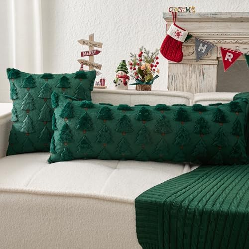 Kevin Textile Christmas Tree 14x36 Inch Long Lumbar 1 Pack Luxury Embroidery Soft Plush Faux Fur Rectangle Cushion Case for Couch Sofa Holiday Festivals Winter Xmas Gift, Dark Green