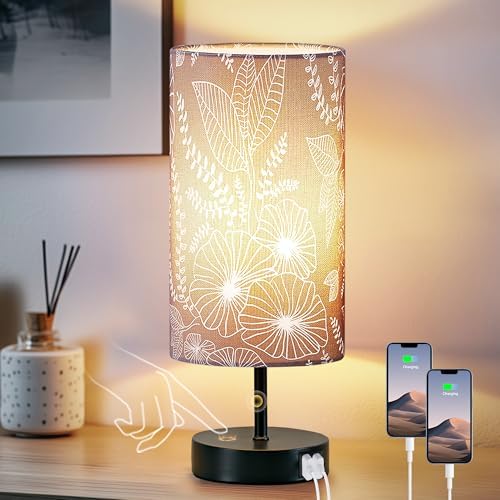 Bedside Table Lamp with 2 USB Ports, Modern Touch Control Desk Lamp with Round Flower Flaxen Fabric Shade, 3 Way Dimmable Small Nightstand Lamp for Bedrooms Living Room Dorm Gray Decor(Bulb Included)