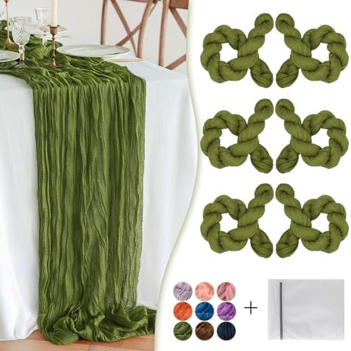 Olive Green Cheesecloth Table Runner 6 Pack 35" Boho Gauze Runner 120 inches Long Runner Rustic Sheer Fabric Bulk for Baby Shower Wedding Bridal Birthday Party Table Decorations
