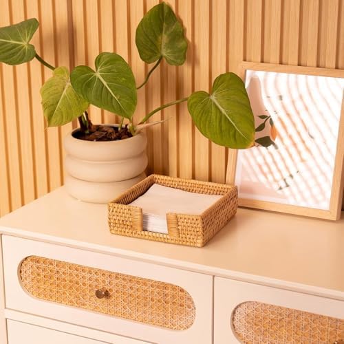 2 Pack Rattan Napkin Holder Square, Napkin Holders for Paper Napkins, 7.5" x 7.5" x 2.5", Wicker Napkin Tray, Woven Guest Towel Holder for Restaurant/Kitchen/Bathroom Napkin Holder for Table
