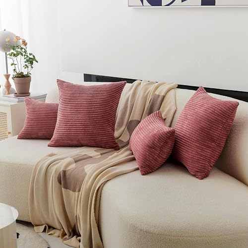 Home Brilliant 24x24 Pillow Covers Pink Decor Striped Velvet Corduroy Euro Sham Large Square Pillowcase for Sofa Bed, 60cm, Set of 2, Dry Rose Pink