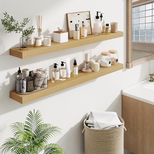 Fun Memories Floating Shelves 48 Inch, Extra Large Wood Shelf Set of 2, Hanging Wall Shelves for Bathroom, Living Room, Kitchen, Bedroom, Oak