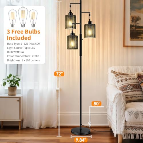 Hotsonic 72" Boho Rattan Tree Floor Lamp, Tall Dimmable Industrial Standing Lamp, Corner Decor Accent Lighting for Living Room, Bedroom, Dining Room, Nursery, Cafe (3 x 800LM Bulbs Included) - Black