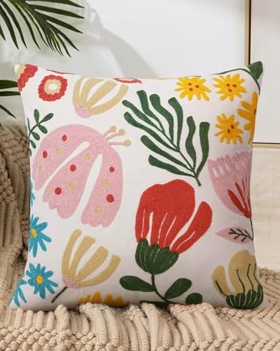 Embroidered Floral Boho Throw Pillow Cover 18x18 Inch - Decorative Cotton Pillow Case for Couch, Sofa, Bedroom, Living Room - Farmhouse Home Aesthetic Housewarming Gifts (Mixed Floral, 18" x 18")