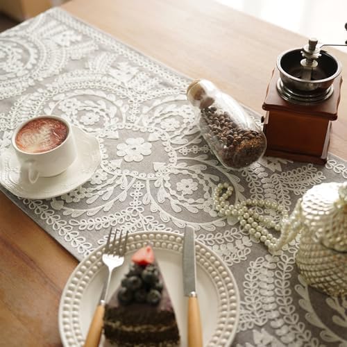 Table Runner Embroidered Lace Dresser Runner, Gray 14"x56"