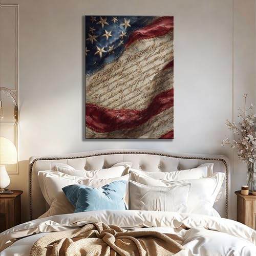 RIBNTAK 4th of July Wall Art Canvas Prints Pictures Patriotic American Flag Artwork Constitution Decor Americana Wall Decor Rustic Vintage Home Decorations for Living Room Bedroom Office Farmhouse