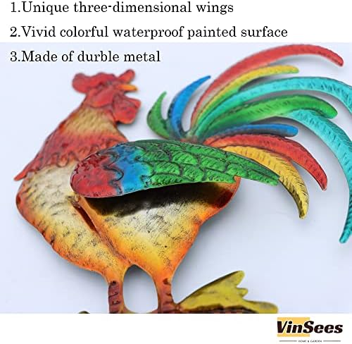 VinSees Metal Rooster Wall Art Decor, Chicken Gifts for Women, Mom, Grandma, Wife; 3D Rooster Wall Sculpture Set of 3 for Kitchen