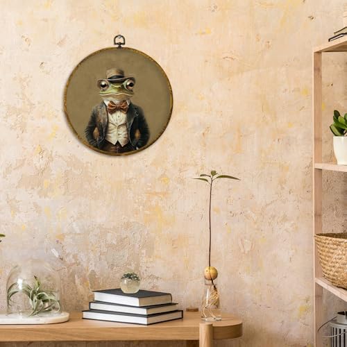 CUANFDDSF Vintage Frog Gentleman Round Wall Art, Dark Academia Whimsical Animal Framed Hanging Wall Decor, Retro Toad Frog Lover Gifts Canvas Prints Decorations for Home Living Room, 10x10 Inch