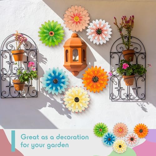 Zhehao 6 Pcs Metal Flower Wall Art Decor 10 Inch Sunflower Wall Decorations Hanging Outdoor Art Multicolored Handmade Metal Flowers Outdoor Decor(Elegant Color)