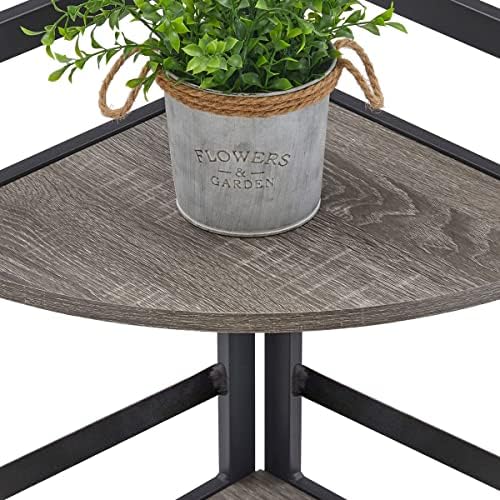BON AUGURE Rustic Corner Shelf Stand, Tall Industrial Corner Bookshelf, Wood Metal 5 Tier Bookcase Shelves, Display Shelving Unit for Kitchen, Living Room (Dark Grey Oak)