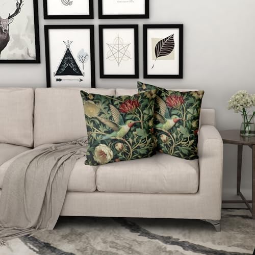 Giwawa Vintage Hummingbird Pillow Covers Set of 2, Rustic Green Bird Floral Pillow Cases 20x20in, Boho Flower Botanical Cotton Throw Cushion Covers for Sofa Couch Patio Seasonal Decoration