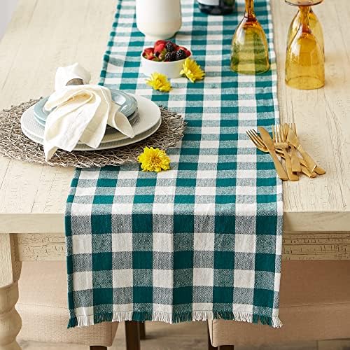 DII Fringed Check Tabletop, Table Runner, 14x72, Teal