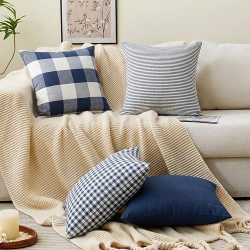 Nautical Navy Blue Buffalo Check Plaid Throw Pillow Covers 18x18 Set of 4