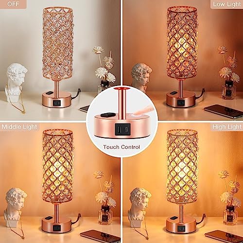 Hong-in Rose Gold Lamp Set of 2, 3-Way Crystal Table Lamp Touch Control with USB-C+A & AC Ports, Dimmable Nightstand Desk Light, Pink Bedside Table Lamp for Bedroom(Bulb Included & Set of 2)