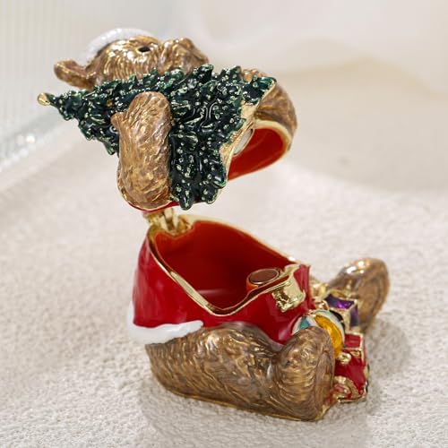 Hand Painted Christmas Trinket Box for Home Decor Accents, Enamel Hinged Jewelry Box for Bookshelf Office Table Desk Decor, Classical Figurine Collectible Keepsake Sculptures (Brown Christmas Bear)