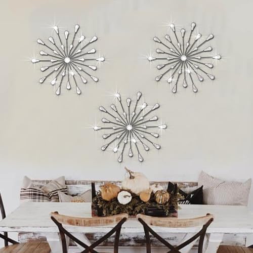 ZEXUIRU 3 Set Black Starburst Wall Art for Home Decor Metal Bling Crystal Rhinestones Sunburst Wall Decor Sparkling Rhinestone Art Accent Black - 13in