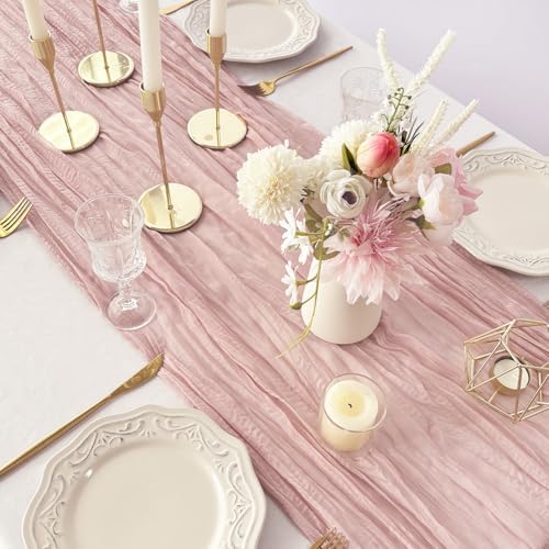 FEXIA 4Pcs Dusty Pink Cheesecloth Table Runner Wedding Bridal Shower Decor
