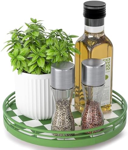 Green and White Checkerboard Lazy Susan with Rubberwood Base and Metal Rail