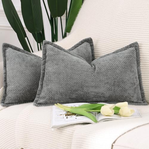 MADIZZ Decorative Chenille Velvet Throw Pillow Covers Set of 2 Soft Boho Textured Neutral Couch Throw Pillow for Bed Modern Farmhouse Home Decor for Sofa Livingroom Dark Grey 12x20 Inch