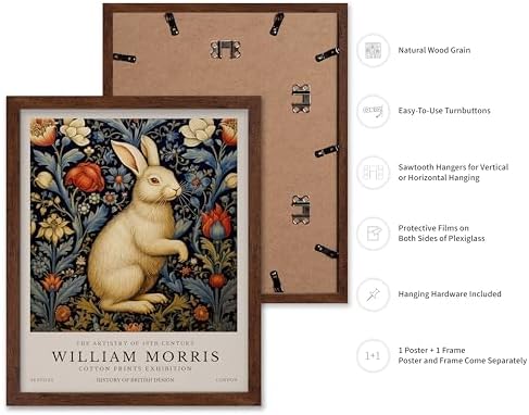 Poster Master William Morris Poster - White Rabbit Print - Flower Art - Animal Artwork - Floral Design - Bunny Illustration - Great Office or Bedroom Decor - 11x14 Brown Framed
