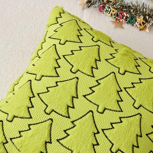 Kevin Textile Christmas Pillow Covers 18x18 Inch Set of 2 Interesting Christmas Tree Embroidery Soft Plush Faux Fur Decoration Pillowcases for Couch Sofa Holiday Festivals Winter Xmas Gift, Green