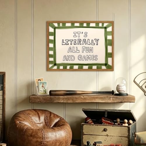 Framed It's Literally All Fun And Games Wall Art, Funny Quote Wall Decor Paintings, Sage Green Minimalist Striped Pictures Canvas Prints Preppy Home Decor for Living Room Bedroom Playroom 16x24 inch