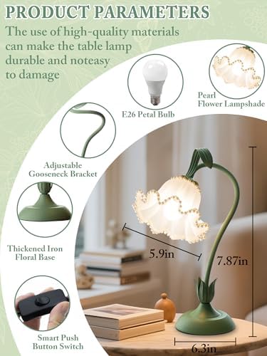 Flower Table Lamp, LED Reading Light Vintage Night light (Green Pearls)