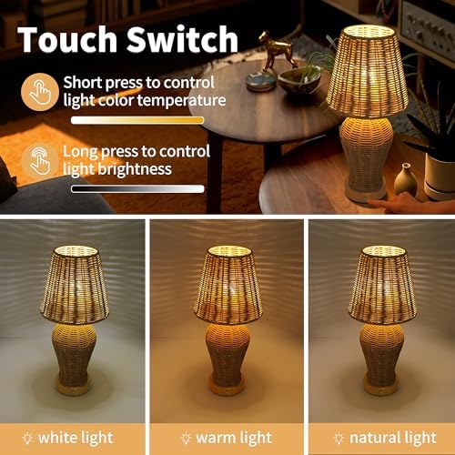 Boho Rattan Rechargeable Cordless Table Lamp, Touch Dimmable Battery Operated Table Light, for Patio Restaurant Kitchen Dining Room (Rattan Lampshade)