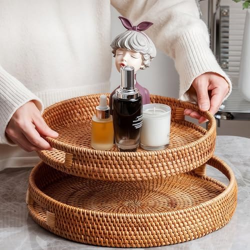 14" Round Rattan Tray, Hand Woven Serving Tray with Handles, Wicker Serving Basket, Decorative Tray for Home Decor, Natural