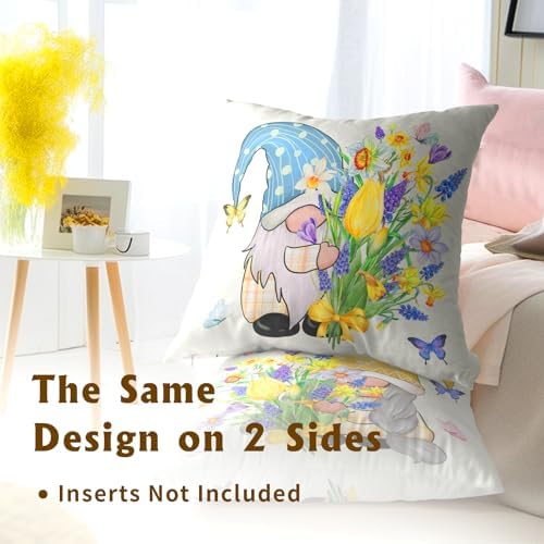 Spring Gnome Decorative Throw Pillow Cover 20x20 Inch Set of 2 Bloom Flower Pillowcase Spring Easter Colorful Floral Farmhouse Cushion Covers for Home Sofa Living Room Decor