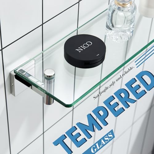 KOKOSIRI Bathroom Shelves Wall Mounted Floating Glass Shelf Polished Stainless Steel 16-Inch Hanging Rack for Storage/Room Decor 2 Pack B1105CH-L16-P2