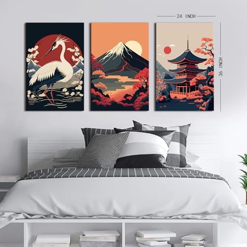Large Japanese Wall Art Prints for Living Room Red and Black Sunset Fuji Mountain Canvas Pictures White Crane Posters Retro Asian Landscape Paintings for Office Bedroom Home Decorations 24x36" 3Pcs