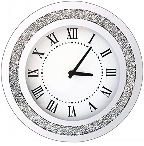 Silver Round Mirror Clock 12inch Crystal Sparkle Twinkle Bling Crush Diamond Mirrored Wall Clock for Wall Decoration Silver Glass Mirror Home Decor. AA Battery is not Included.