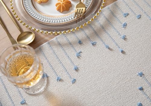 Boho Table Runner 13 x 60 Inch Long Natural Cotton Woven Runner with Tassels for Home Dining Table décor, for Modern Farmhouse Decor Coffee Table Runner, Light Blue and Beige