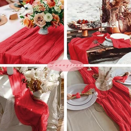 Red 6 Pieces 35 x 120 Inches Long Cheesecloth Table Runner Gauze Fabric 10Ft Boho Table Runner Rustic Sheer Runner for Wedding Baby Bridal Shower Birthday Holiday Party Table Arbor Decor (Red)