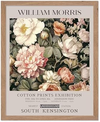 Poster Master William Morris Poster - Pink Peonies Print - Flower Art - Botanical Art - Exhibition Illustration - Textile Pattern Illustration - Floral Illustration - Aesthetic Office or Bedroom Decor - 11x14 Beige Framed