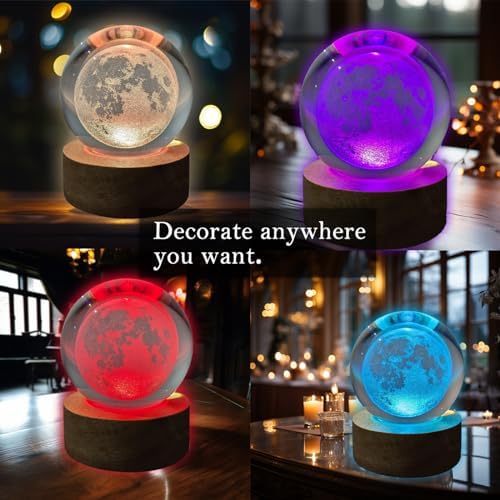 3D Moon Crystal Ball 3.15" With LED Lamp Colorful Wooden Base Night Light, Removable Glow Color Changing Light With Remote for Boy Friends (3-Moon)