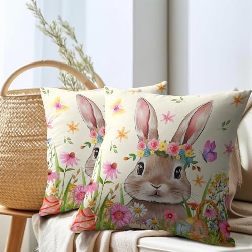 Easter Rabbit Throw Pillow Covers 24x24 Inch Set of 2 Cute Bunny Cotton Linen Square Cushion Case Spring Colorful Floral Easter Theme Decorative Pillowcase for Home Bench Couch Sofa