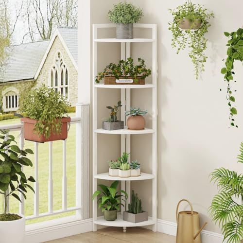 FATORRI Tall Corner Shelf, 5 Tier Modern Corner Bookshelf Stand, Wood and Metal Corner Plant Bookcase for Living Room, Home Office (White Oak)