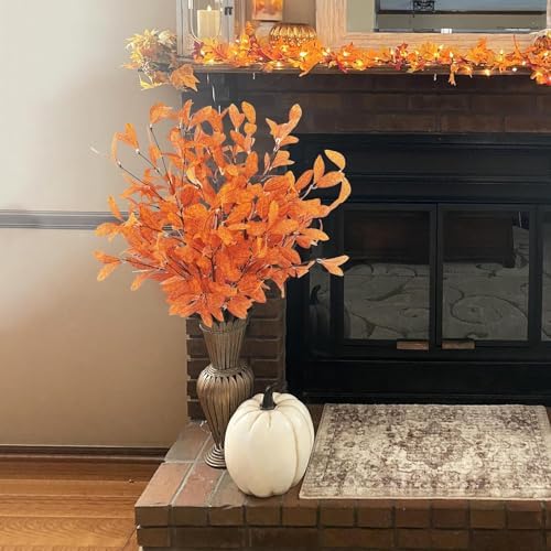 Uieke 18 Pcs Artificial Fall Eucalyptus Stems Fall Eucalyptus Leaves Plants Fall Decorations with Fall Leaves for Autumn Office Home Wedding Centerpiece Fall Florals Arrangement Decor (Orange)